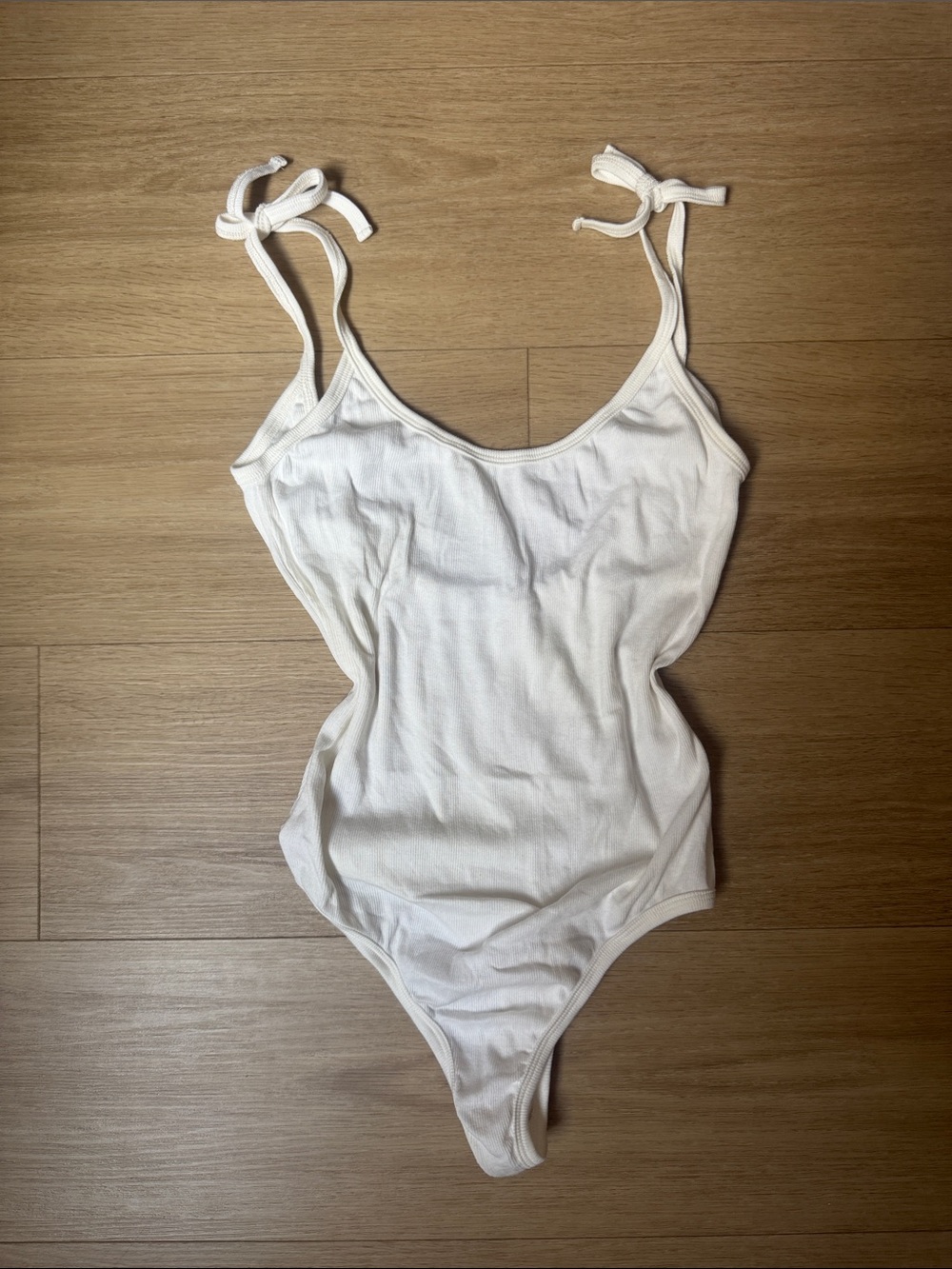 The Line by K Cecil Tie-Shoulder Cotton Ribbed White Thong Bodysuit